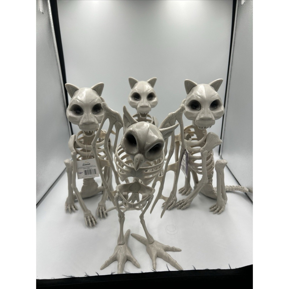 Set Of 4 Spooky Gothic Halloween Cat Owl Skeleton Decoration Creepy Plastic NWT